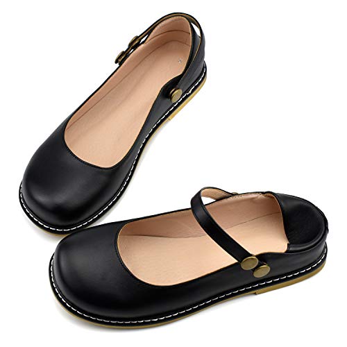 100FIXEO Women Buckle Ankle Strap Mary Jane Flat Shoes (6, Black)