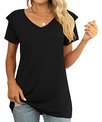 YVH Womens Tops, Short Sleeve Ruffle V Neck Semi Casual Shirts for Women Soft Comfy Loose Fit Blouse, Polka Dot Black, 3XL