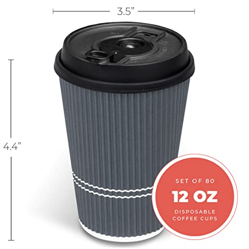 Glowcoast Disposable Coffee Cups With Lids - 12 oz To Go Coffee Cup With Lid (80 Set). Durable Togo Travel Paper Hot Cups Insulated For Hot and Cold Beverage Drinks, No Sleeves Needed (Dusk Grey)