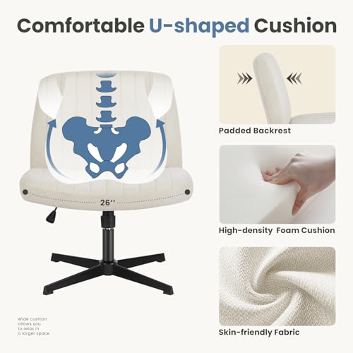 DUMOS Cross Legged Armless Wide Wheels, Modern Home Office Desk Swivel Adjustable Fabric Vanity Chair, Beige