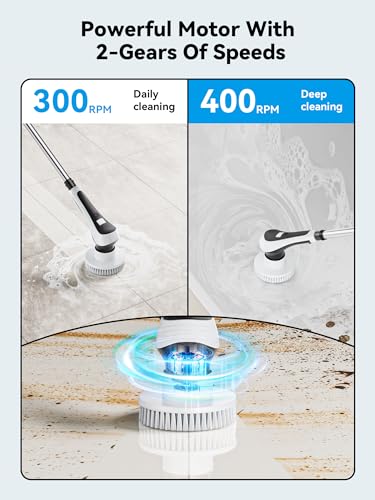 Electric Spin Scrubber,Cordless Cleaning Brush with Power Display Screen,IP68 Waterproof Shower Cleaning Brush with 8 Replaceable Brush Heads,Adjustable & Detachable Handle and 2 Adjustable Speeds