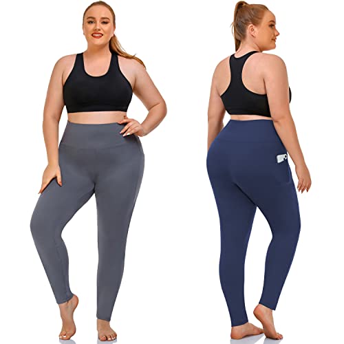 NEW YOUNG 3 Pack Plus Size Leggings with Pockets for Women,High Waist Tummy Control Workout Yoga Pants (X-Large, Black/Navy/Grey)