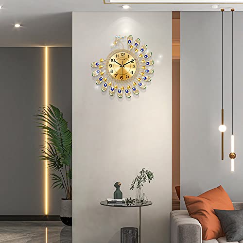 NEOTEND Gold Modern Wall Clock for Living Room Decor Large Peacock Kitchen Big Wall Watch for Bedroom Silent Decorative Office Non Ticking Metal Crystal Wall Clock Battery Operated 15 Inch