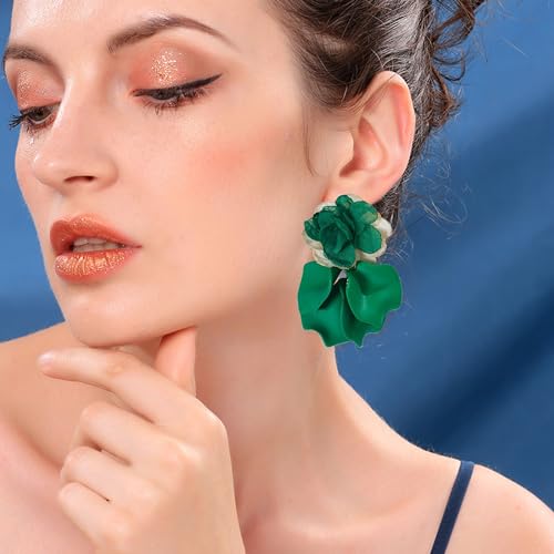 GUOXIAOMEI Chiffon Acrylic Rose Petal Earrings Dangle Exaggerated Flower Earrings Drop Statement Floral Tassel Light Weight Earrings Valentine's Day Gift (Green)