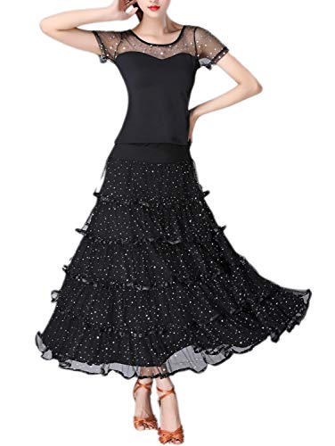 CISMARK Elegant Sequins Long Swing Ballroom Latin Dance Skirt for Girls(Black)