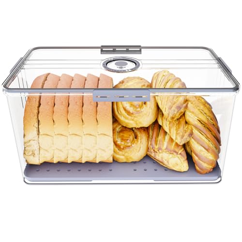 Bread Box for Kitchen Counter Airtight with Bread Bag & Tongs, Bread Storage Container with Time Recording Lid for Homemade Bread, Bread Keeper for Loaf, Toast, Bagel, Donut, Bread Saver Holder (Grey)