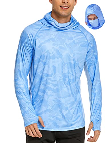 COOrun Mens Fishing Hoodies with Face Mask UPF 50 Long Sleeve Rash Guards Hooded SPF Sun Shirts for Men Camo Hiking Shirt