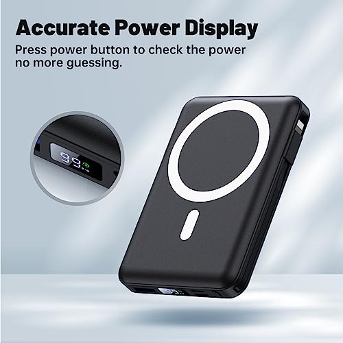 Yiisonger Magnetic Wireless Power Bank - 10000mAh Mag-Safe Portable Charger 22.5W PD Fast Charging with Built-in Cables LED Display, Magnetic Battery Pack for iPhone 16/15/14/13/12/Pro/Mini/Pro Max