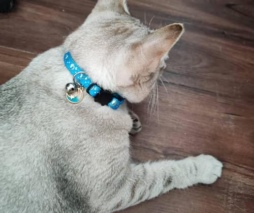 Giecooh 2 Pack Breakaway Cat Collar with Bells, Adjustable Moon and Star Kitten Safety Collars for Boys & Girls, Black+Blue