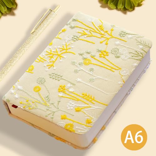 ipoul Embroidered Pocket Notebook for Women, A6 Mini Cloth Journal, Hardcover, 264 Pages, 4x6 Small Lined Notebook & Sketchbook, Beautiful Diary, Little Notepad, Apricot Yellow.