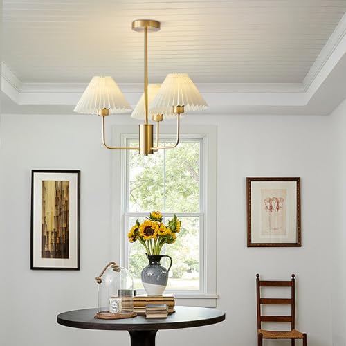 KCO Lighting Transitional Pleated Chandelier Mid Century Modern Sputnik Chandelier Black 3 Light Chandelier Ceiling Light White Pleated Pendant Light Classic Chandeliers for Dining Room