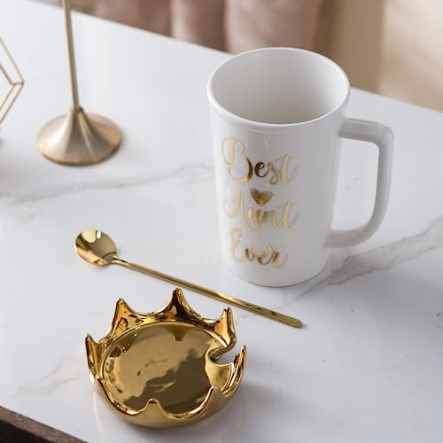 PeraBella Best Aunt Ever Coffee Mug, 19 oz, Ceramic, White and Gold, with Queen's Crown Lid and Long Brass Spoon