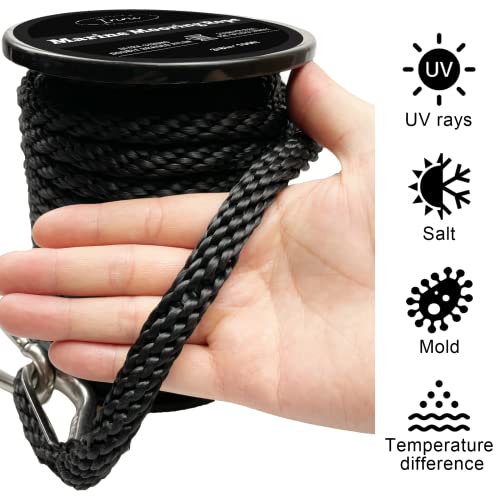 100 FT Double Braided Nylon Boat Anchor Rope 3/8inch with 316 Stainless Steel Thimble and Heavy Duty Snap Hook Marine Grade Anchor line Black