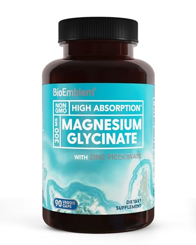 BioEmblem Magnesium Glycinate with Zinc - 300mg Chelated Magnesium Supplement - High Absorption Vegan Non-GMO 2-in-1 Complex - Immune Support, Muscles, Nerves - 90 Capsules