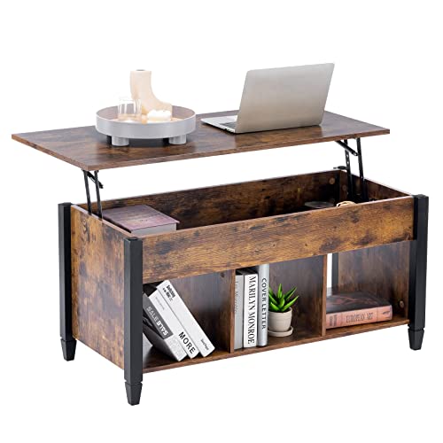 VINGLI Color Upgraded Farmhouse Lift Top Coffee Table, Rustic Grey Coffee Table with Lift Top, Lift Up Pop Up Coffee Table with Storage Shelf/Hidden Compartment, Coffee Table Mesa De Centro para Sala
