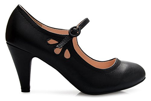 OLIVIA K Women Kitten Heels Mary Jane Pumps - Adorable Vintage Shoes- Unique Round Toe Design With An Adjustable Strap,7 B(M) US,Black
