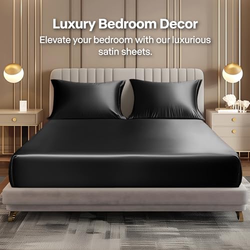 BEDELITE Satin Fitted Sheet and Pillowcase Set, Luxury Soft Similar to Silk Bottom Bed Sheet with Elastic Corner Straps, Deep Pocket up to 15 Inch, 1 Fitted Sheet and 1 Pillowcase(Twin, Black)
