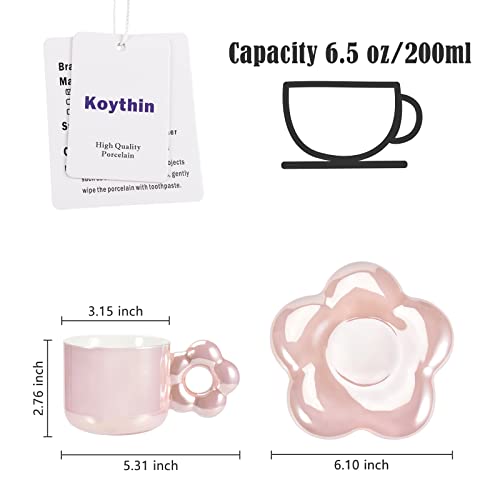 Koythin Ceramic Coffee Mug with Saucer Set, Creative Cute Cup with Flower Saucer, Novelty Cups with Flower Handle for Office and Home, 6.5oz Aesthetic Mugs for Tea Latte Milk (Pearl White)