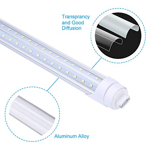 FALANFA 8ft R17D Rotatable HO Base led Tube Light 65W,270 Degree V Shaped LED Chip Bulbs,T8 6000K Cool White,Clear Cover,85V-265V,Dual-Ended Powered(Pack of 4