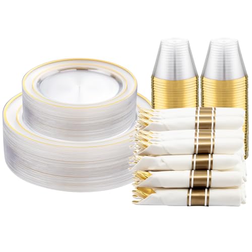 DaYammi 210PCS Clear Gold Plastic Dinnerware Set for 30 Guests, Fancy Disposable Plates for Party, Include: 30 Dinner Plates, 30 Dessert Plates, 30 Pre Rolled Napkins with Gold Silverware, 30 Cups