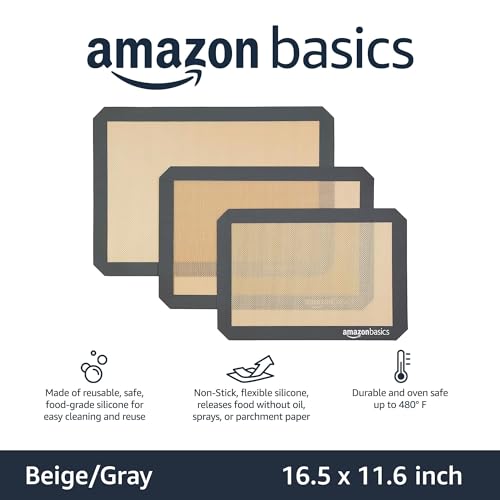 Amazon Basics Rectangular Silicone, Non-Stick, Food Safe Baking Mat, Pack of 3, Beige/Gray, 16.5" x 11.6"