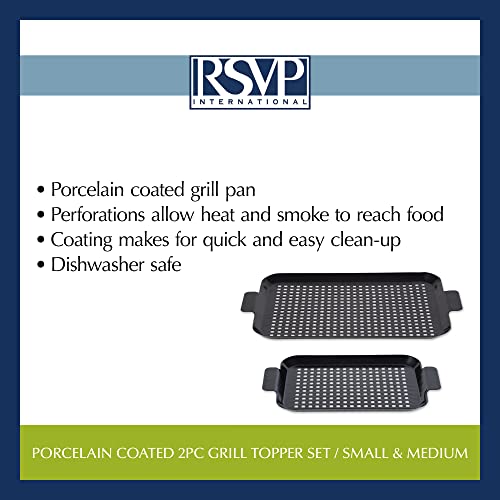 RSVP International Porcelain Coated Steel BBQ Grill Tray/Pan, Outdoor Barbeque Grilling Accessories for Cooking Fish & Vegetables, Dishwasher Safe, Small, 13x7.25