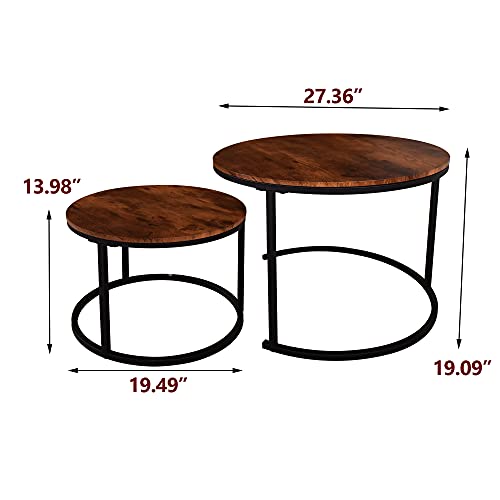 HOMERECOMMEND Round Coffee Table Set of 2 Modern Nesting Side End Table for Living Room,Round Wooden Coffee Table with Solid Powder-Coated Metal Frame, Rustic Brown/Black