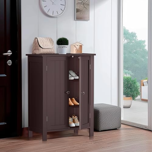 ZENY Bathroom Floor Storage Cabinet with Double Door + Adjustable Shelf, Wooden Organizer Cabinet for Living Room, Bathroom, Bedroom, Modern Home Furniture (Brown)
