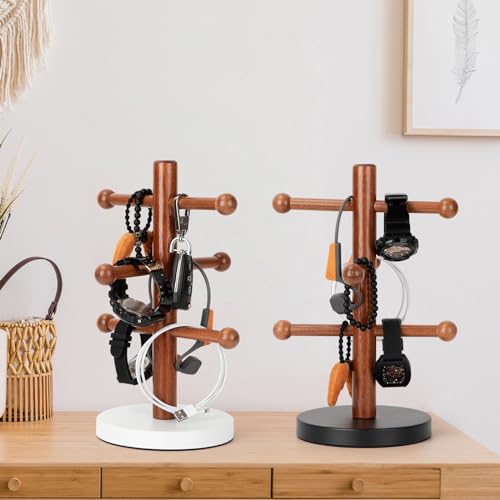 E-ROOM TREND Mug Holder, Coffee Cup Tree for Countertop with Carbon Steel Stable Base and 6 Hooks, Wooden Mug Rack Coffee Cup Stand Display Organizer, Kitchen Bar Station Mug Collection (MH326W)