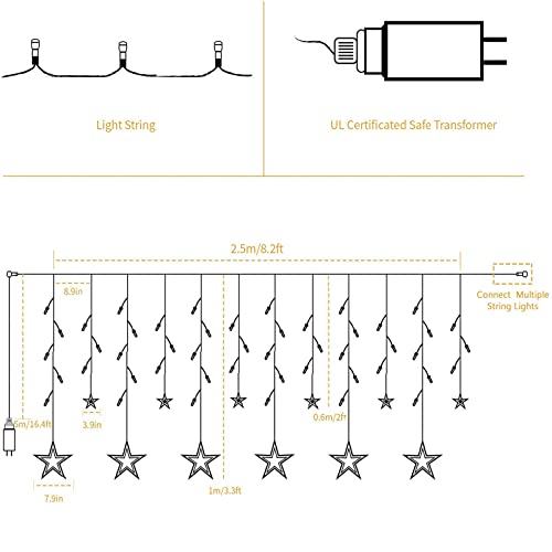 12 Stars 138 LED Bedroom Decorations Star Window Lights, Curtain String Lights Wall Decor Plug In for Outdoor with 8 Modes, Waterproof Hanging Window Decor Wall Lights For Christmas Decor (Multicolor)