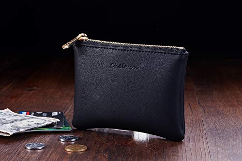 Chelmon Vegan Leather Coin Purse Pouch Change Purse With Zipper For Men Women (Black Up)