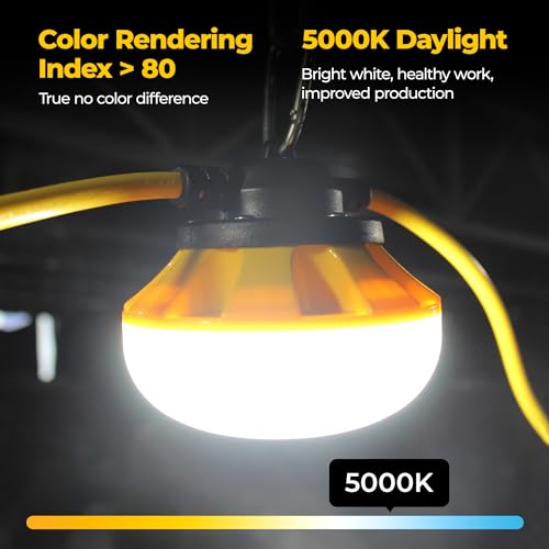 Hyanglux 50FT Construction String Lights: 50w 5500lm ETL Certified Bright Industrial Outdoor Temporary Lighting Led Hanging IP65 Waterproof 18AWG Wire Work Light for Attic Jobsite Garage