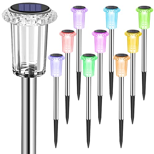 Eyrosa Solar Outdoor Lights, 10 Pack Waterproof Stainless Steel Solar Stake Lights for Pathway Garden Yard Path Walkway Driveway Lawn Decor - Cool White