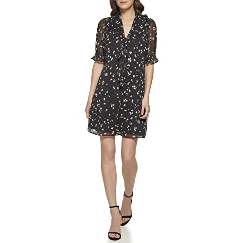 DKNY Women's Fit and Flare Short Sleeve Tie Neck Dress, Mdnght/BTTL GN, 2