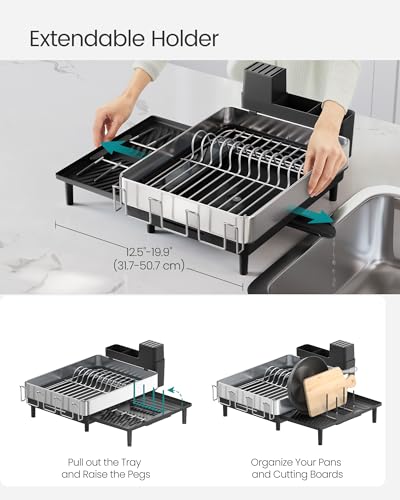 SONGMICS Large Dish Drying Rack, Expandable Dish Dryer for Kitchen Counter, Stainless Steel Dish Rack with Rotatable Spout, Utensil, Cup, Glass, Cutting Board, Pan Holders, Silver and Black UKCS037B01