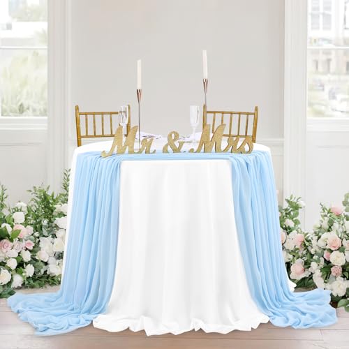 Blue Chiffon Table Runner 27x120 Inches 1 Piece Romantic Sheer Fabric for Birthday Party Baby Shower Cake Table Decoration