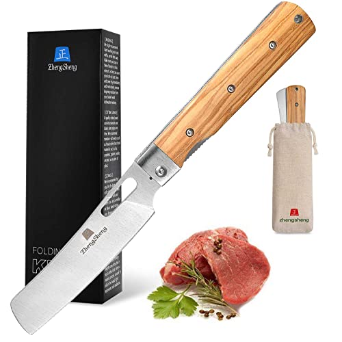 ZhengSheng Folding Chef Knife 4.8” Ultra Sharp 440A Stainless Steel Blade Natural Olive Handle Pocket Foldable Japanese Style Kitchen Knife for Outdoor Camping BBQ trip Cooking