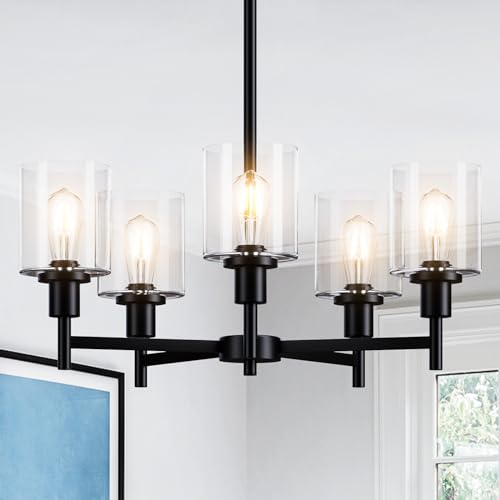 GAOMON Black Chandelier,5 Lights Modern Lighting Fixtures with Clear Glass Shade Flush Mount Ceiling Light for Dining Room,Bedroom,Kitchen,Foyer