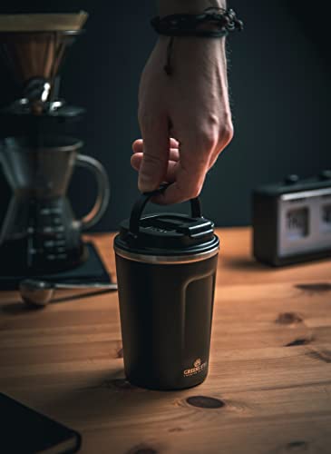 Greens Steel Insulated Coffee Mug Reusable – 350 ml, Black I Thermos Cup with Handle Lid I Stainless Steel Hot Cold Drinks Waterproof Tea Coffee Ice Drink