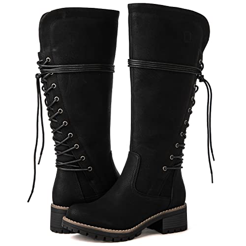 GLOBALWIN Women’s Black Lace Up Back Boots Knee High Boots Fashion Boots For Women 11M