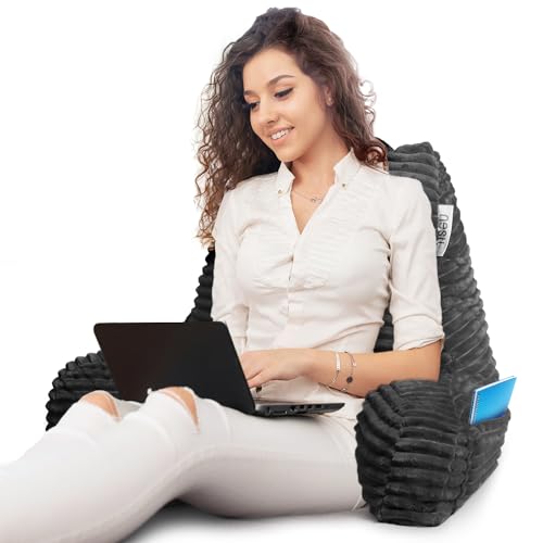 Nestl Reading Pillow for Bed Adult – Back Pillow for Sitting in Bed, Standard Plush Bed Pillows for Sitting Up in Bed, Shredded Memory Foam Bed Chair Pillow with Arms and Pockets, Grey Bed Rest Pillow