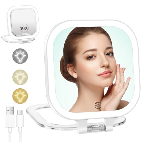 FASCINATE 10X Magnification Rechargeable Travel Makeup Mirror, Lighted Portable Vanity Mirror with 3 Colors Lighting & Stepless Dimming, Double Sided LED Mirror, Gift for Women (White)