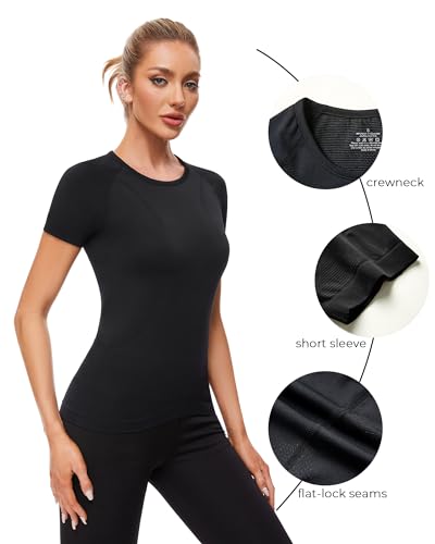 Womens Seamless Workout Tops Crewneck Athletic Shirts Summer Short Sleeve Breathable Yoga Gym Tees Black X-Small