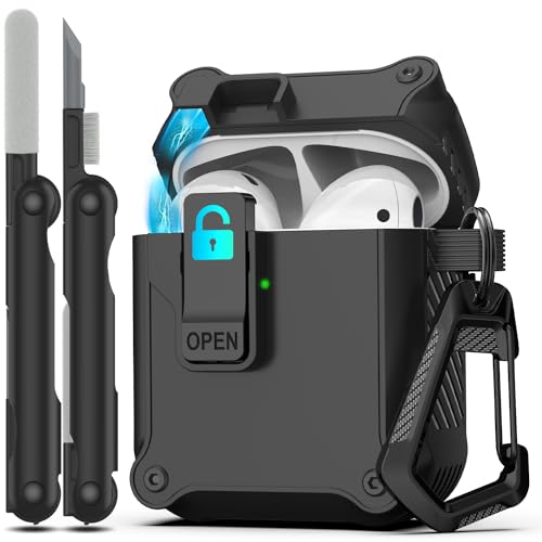 RFUNGUANGO for Airpods 2nd and 1st Generation Protective Cases Automatic Pop-up with Safety Lock Clip, Full Body Shockproof Hard Case with Keychain (Cleaning Tool) -Yellow