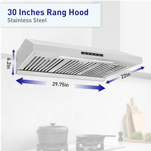 Vesta Arlington 850 CFM Powerful 30 Inch Under Cabinet Range Hood With Seamless Stainless Steel Body, Twin Turbo Motors, 3 Speed Touch Screen, Delay Shutoff, Round Vent, LED Lights, Oil Collector