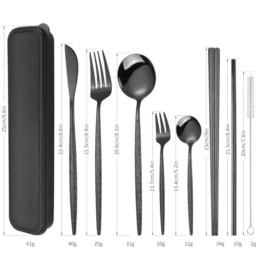 AARAINBOW 8 Pieces Stainless Steel Flatware Set Portable Reusable Cutlery Set for Lunch Travel Utensils Set with Chopsticks Fork Spoon Knife Set with Case Personal Utensil Set (Black)