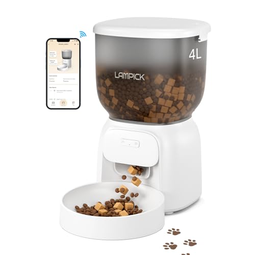 LAMPICK Automatic Cat Feeder with Camera, 1080P HD Video Cat Food Dispenser with Stainless Steel Bowls WiFi Automatic Pet Feeder with 2 Way Audio,Smart App Control