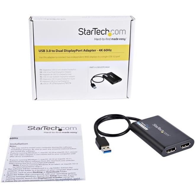 StarTech.com USB 3.0 to Dual DisplayPort Adapter 4K 60Hz, DisplayLink Certified, Video Converter with External Graphics Card - Mac & PC (USB32DP24K60), Black