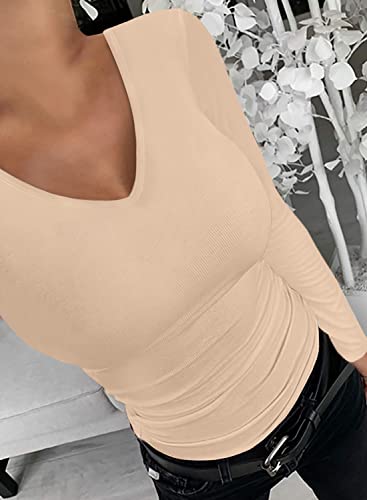 LOLONG Fitted Tees for Women Long Sleeve V Neck Casual Basic T-Shirts Ribbed Knit Solid Slim Layering Tops Grey