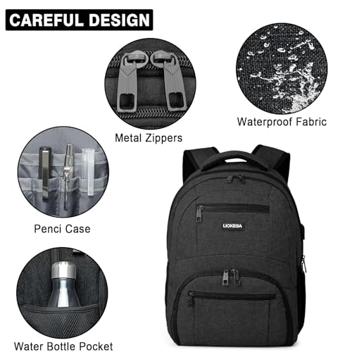 Liokesa Backpack for Men Women, School Backpacks for Teen Boys Girls, Water Resistant Laptop Backpack with USB Charger, 15.6 Inch Black College Bookbag